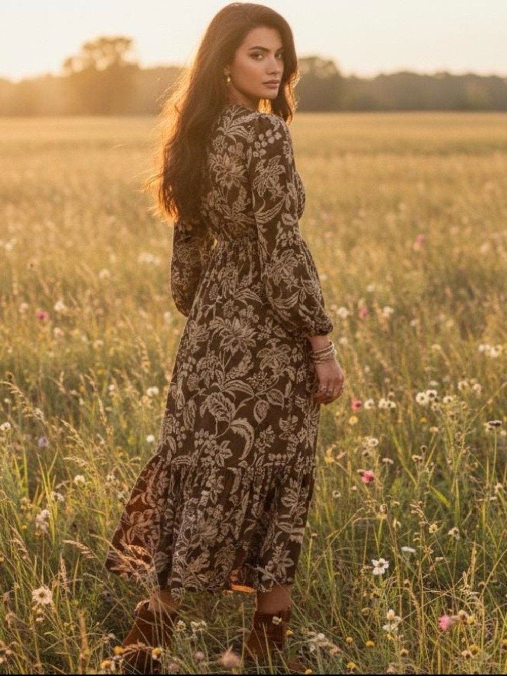 Boho Brown Floral Tiered Maxi Dress with Cream Print - Picture 3 of 14